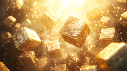 Wall Mural - a collection of gold cubes floating in the air with a simple background and soft lighting