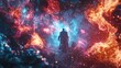 © Thiraphat - Cosmic encounter a mysterious figure amidst vibrant colors digital art abstract environment surreal viewpoint