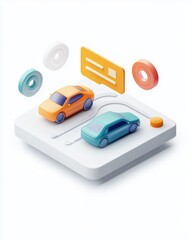 Wall Mural - minimalist rendering of two cars on a platform with geometric shapes suggesting a stylized transport