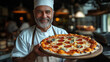 © Cristina - In a warm and inviting Italian kitchen, a seasoned pizza maker holds a freshly baked pepperoni pizza. The ambiance buzzes with the aroma of authentic culinary delights, enhancing the experience