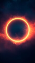 Wall Mural - Abstract phone wallpaper with bright neon circle on dark blue background. Abstract background with simple shapes in blue and orange colors.