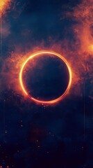 Wall Mural - Abstract phone wallpaper with bright neon circle on dark blue background. Abstract background with simple shapes in blue and orange colors.