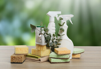 Wall Mural - Eco-friendly cleaning products on wooden table outdoors