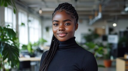 A young woman with braided hair stands confidently in a stylish office filled with plants. Sunlight streams in through large windows, highlighting a bright, inviting workspace