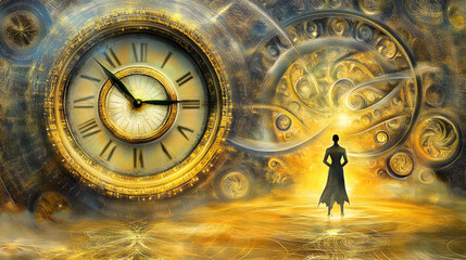 Wall Mural - person standing in front of a large clock displaying time in a public space during daylight hours
