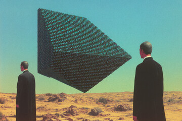 Surreal landscape featuring two figures with a floating geometric structure above.