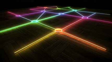 Rainbow network lines glowing on wooden floor, abstract connection concept, dark background