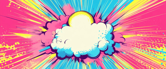 Fototapete - A vibrant and colorful comic-style explosion with a bright sun and a fluffy cloud in the center, representing energy, creativity, and dynamic motion. Anime background
