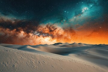 Canvas Print - Starry night sky over a desert landscape, vibrant colors and textured sand dunes.