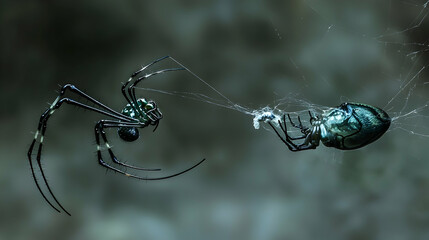 Tropical Spider Wrapping Prey in Web, Jungle Background, Nature Close-up