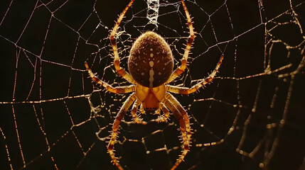 Orb-weaver spider in intricate web at night, dark background, nature illustration
