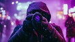 © Алексей Иванченко - A person captures a creative moment, framed in vibrant neon purple lights and warm clothing, highlighting the essence of urban photography with bold colors and artistic expression.