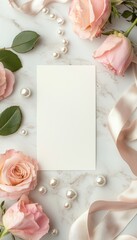 Sticker - Elegant Mother's Day Card Arrangement with Roses, Pearls, and Silk Ribbon on Marble Background