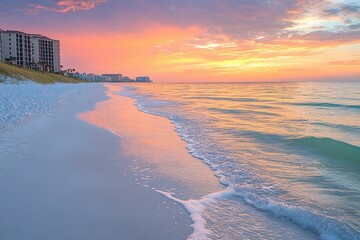 Poster - Beautiful sunset over calm ocean waves with soft sandy beach and buildings in the background along the shoreline