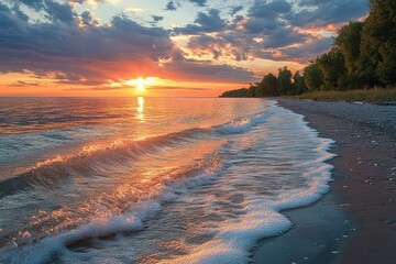Poster - Beautiful sunset over calm ocean waves with soft sandy beach and buildings in the background along the shoreline
