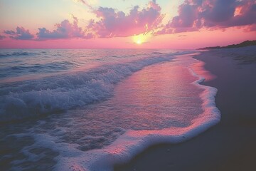 Poster - Beautiful sunset over calm ocean waves with soft sandy beach and buildings in the background along the shoreline