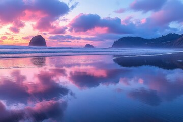 Fototapete - Beautiful sunset over calm ocean waves with soft sandy beach and buildings in the background along the shoreline
