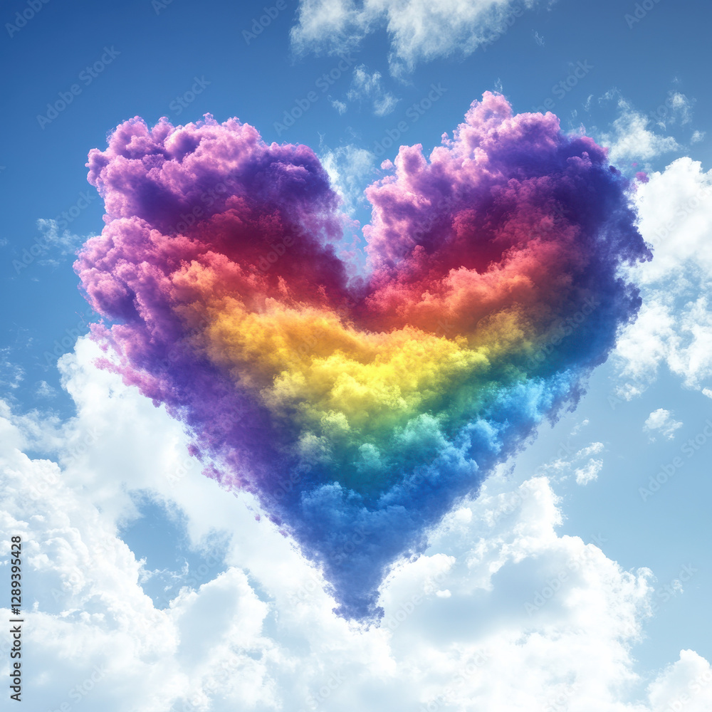 LGBTQ+ pride heart symbol in the sky, made from colorful clouds ...