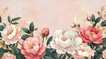 Wall Mural - Elegant Mother's Day Card Design with Floral Peonies and Roses in Soft Pink Background