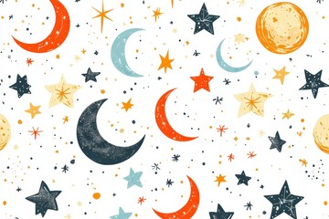 Poster - Colorful celestial pattern featuring stars, moons, and planets against a white background, perfect for childrens decor or creative projects