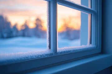 Aufkleber - Frost-covered window with a beautiful sunset view over a snowy landscape during winter evening