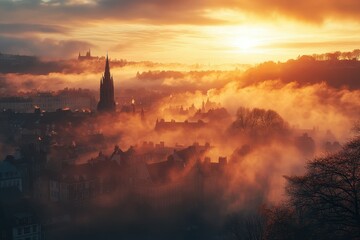 Aufkleber - Sunrise over the cityscape with historical architecture and fog along the river, creating a serene and picturesque view
