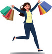 © ZeyBer - Happy woman in business attire joyfully running with colorful shopping bags, flat vector illustration capturing a cheerful shopping experience