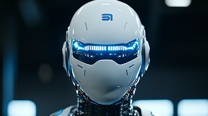 Futuristic humanoid robot with sleek design and illuminated features, set against a modern tech backdrop