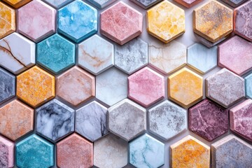 Aufkleber - Colorful hexagonal tiles arranged in a vibrant pattern create an artistic display suitable for interior design inspiration