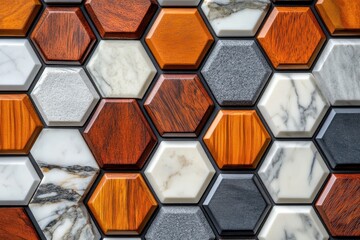 Aufkleber - Unique hexagonal tiles with diverse textures and materials create an eye-catching surface in a modern design setting