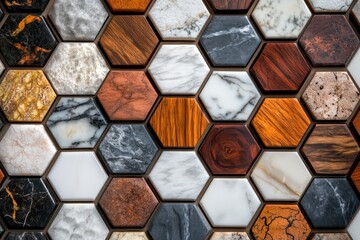 Poster - Unique hexagonal tiles with diverse textures and materials create an eye-catching surface in a modern design setting