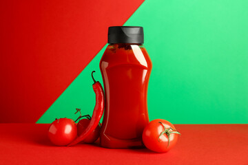 Canvas Print - Bottle of ketchup, tomatoes and chili pepper on color background