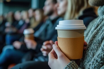 Poster - Engaged woman holding coffee while attending a presentation in a modern conference room during a business meeting with colleagues