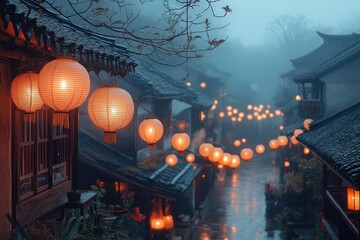 Aufkleber - Soft glow of lanterns illuminates a misty pathway in an ancient village at twilight creating a tranquil and mysterious atmosphere