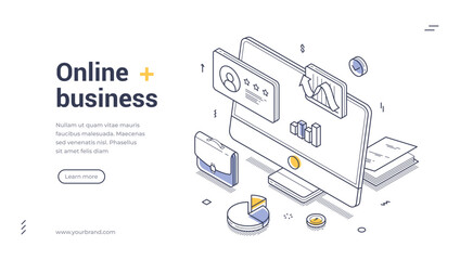 Online business isometric web banner template. It features line art graphics, including a computer monitor, charts, and documents. Vector illustration