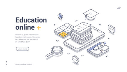 Wall Mural - Online education concept web banner template. Elements include books, a smartphone, and study tools, perfect for promoting digital learning platforms. Modern vector isometric illustration