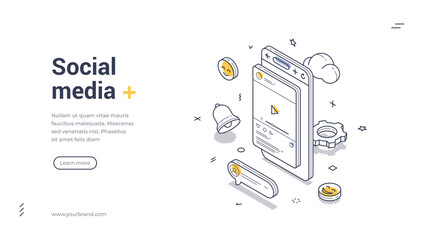 Wall Mural - social media concept web banner template, including a smartphone and various graphic elements. ideal