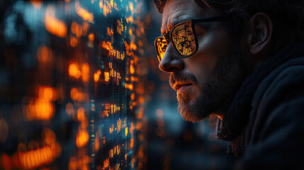 Man Studies Data Wall at Night