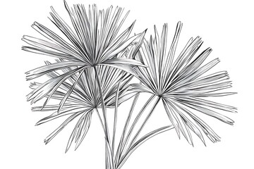 A modern botanical illustration Serenoa repens (Saw Palmetto), drawn in ultra HD with fine black lines, isolated on a white background to highlight the detailed plant structure