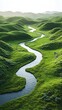 © hugy - Winding river flowing through rolling green hills, embodying natural wonder and serene beauty, inviting exploration and reflection