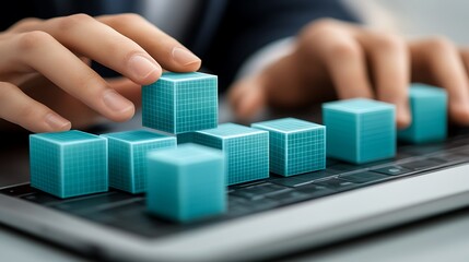 Blocks building on a laptop keyboard, technology use
