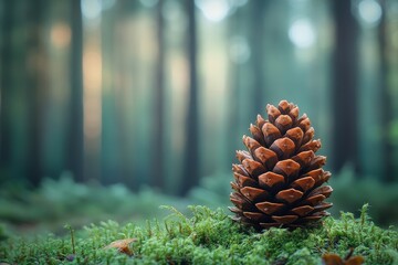 Poster - Pine cone resting on lush green moss in a tranquil forest setting during the early morning light