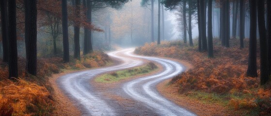 A mist-laden path weaves through a forest, lined with russet leaves, evoking mystery and quiet wanderlust.