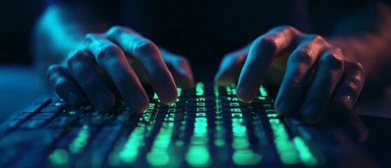 Wall Mural - hands typing briskly on a backlit keyboard, embodying the fast-paced rhythm and urgency of digital i