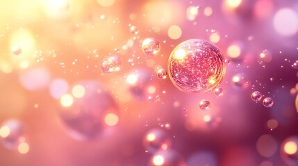 Wall Mural - Glowing spheres and bubbles float in a warm and bright background