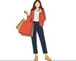 © Mustafa - Woman in casual attire holding shopping bags, smiling cheerfully, minimal vector illustration