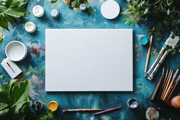 Leinwandbilder - Bright and inviting art studio workspace ready for creativity with brushes, paints, and an empty canvas awaiting inspiration