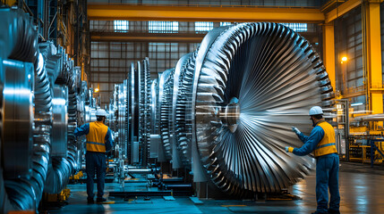 Wall Mural - Workers inspecting the machinery inside a hydroelectric power station control room.