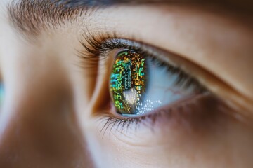 Program code reflected in the eyes of a dedicated programmer focused on their task