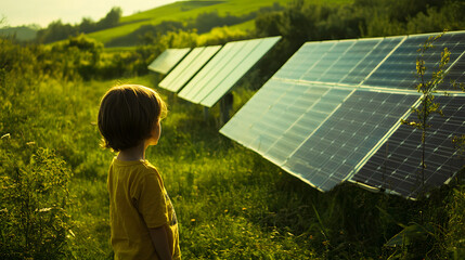 Wall Mural - A child looking curiously at solar panels in a green field symbolizing the future.